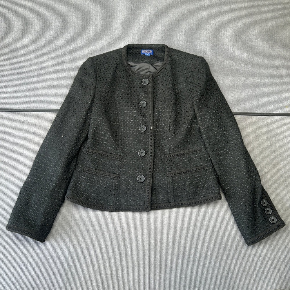 Pendleton Wool Blend Y2k Jacket Black Textured Collarless Button Blazer Size 10